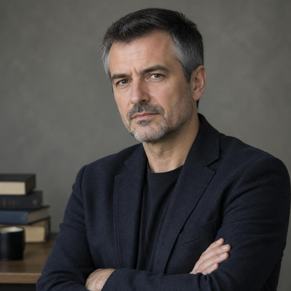 Portrait of a Croatian male author in his forties, dark blazer, thoughtful expression